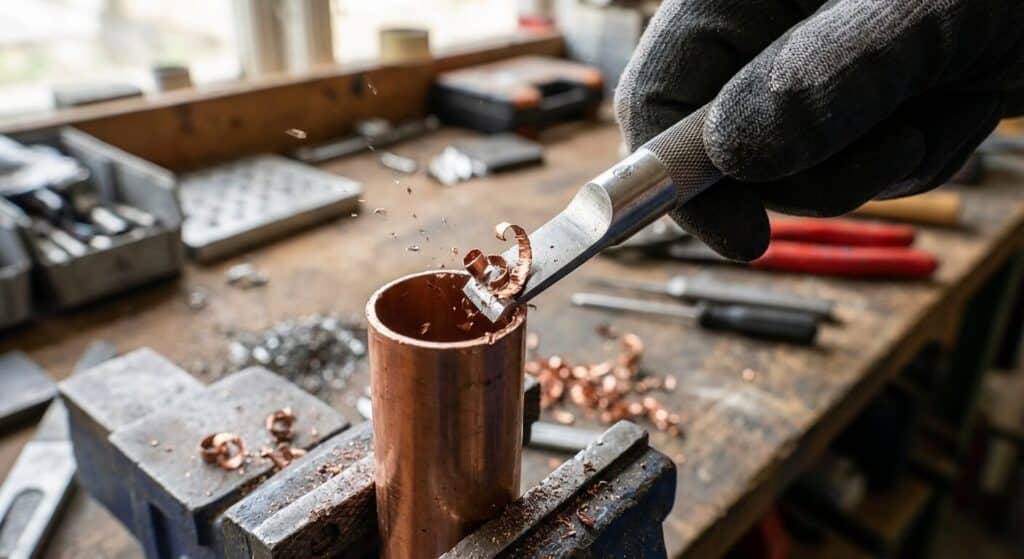 Ébavurage de l'intérieur d'un tuyau en cuivre après la coupe pour retirer les limailles métalliques