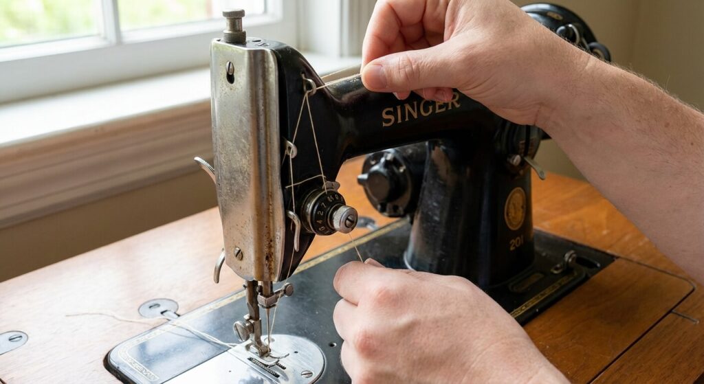Vérification du chemin d'enfilage supérieur et des disques de tension sur une machine à coudre mécanique