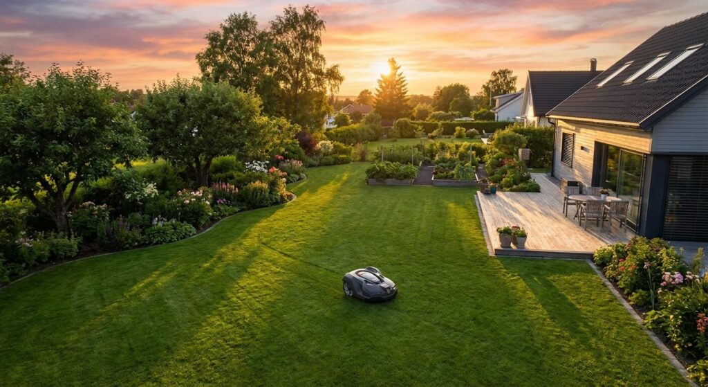 Vue d'ensemble d'un jardin résidentiel avec un robot tondeuse circulant sur une pelouse verte parfaitement tondue sous un soleil de fin de journée.