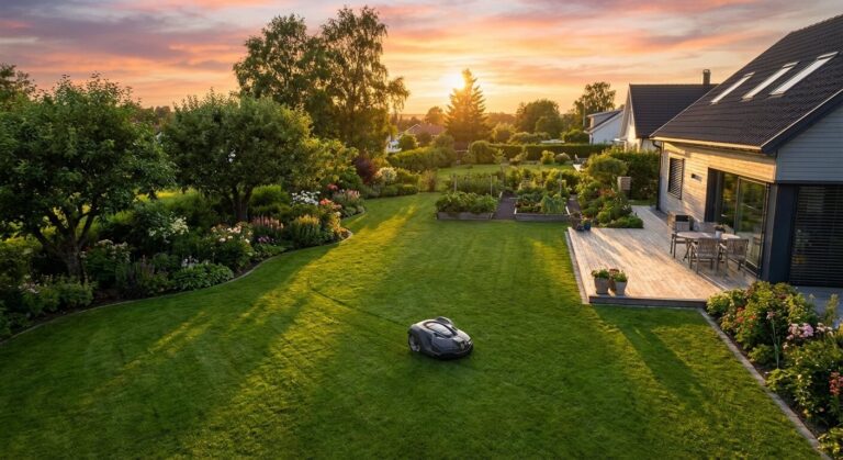 Vue d'ensemble d'un jardin résidentiel avec un robot tondeuse circulant sur une pelouse verte parfaitement tondue sous un soleil de fin de journée.