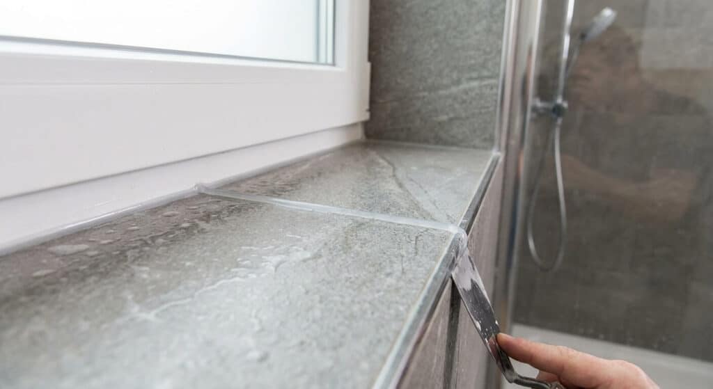 Détail de l'étanchéité et de la pente du rebord de fenêtre carrelé à l'intérieur d'un espace douche