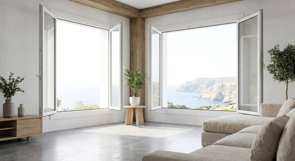 Une grande fenêtre en PVC blanc à double battant installée dans un salon moderne, offrant une vue dégagée et laissant entrer une lumière naturelle intense.