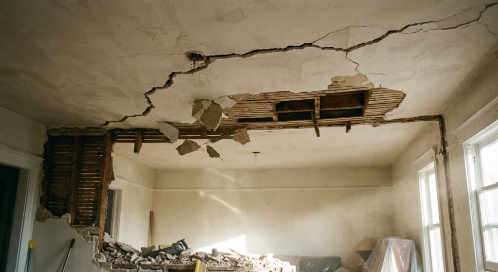 Fissure apparue sur un plafond ancien suite à l'abattage imprudent d'un mur semi-porteur