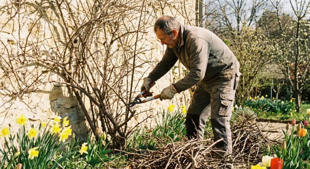 Jardinier taillant les tiges d'un bougainvillier dégarni pour stimuler la nouvelle pousse