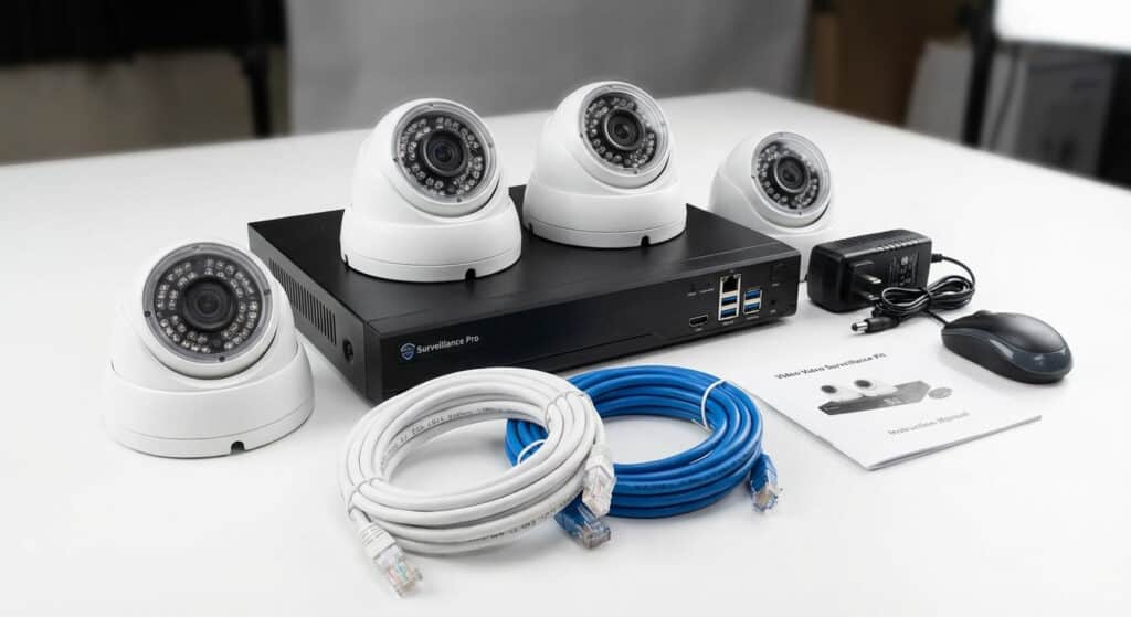 Présentation d'un kit de vidéosurveillance complet avec dômes blancs, câbles Ethernet et boîtier d'enregistrement.