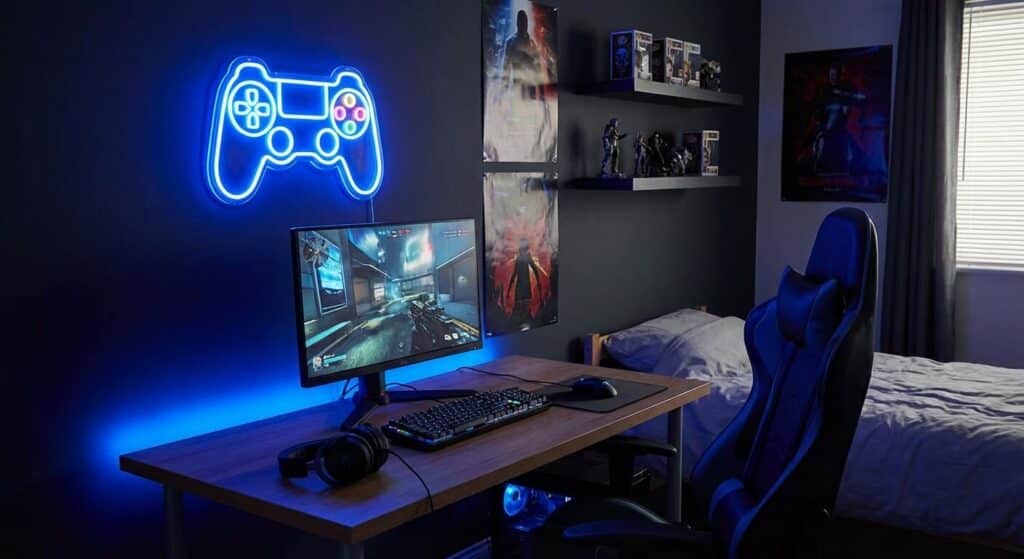Le néon personnalisé : la nouvelle frontière de la décoration intérieure 3 Un néon mural lumineux en forme de manette de jeu vidéo bleu éclairant un coin bureau dans une chambre d'adolescent.