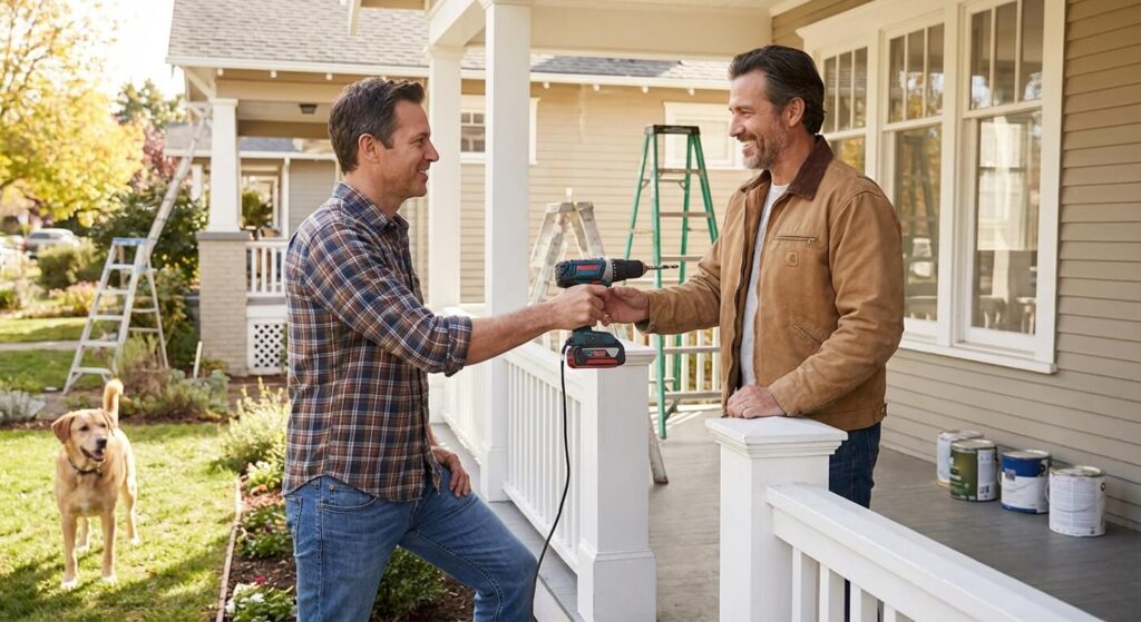 La location d'outils entre voisins : une solution économique et solidaire pour vos travaux 3 Deux voisins discutant autour d'un établi lors de la remise d'une scie sauteuse en location.