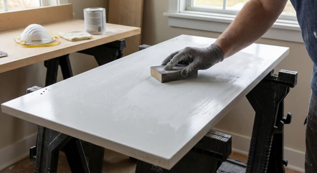 Ponçage léger d'une porte de placard en mélaminé pour favoriser l'accroche de la sous-couche