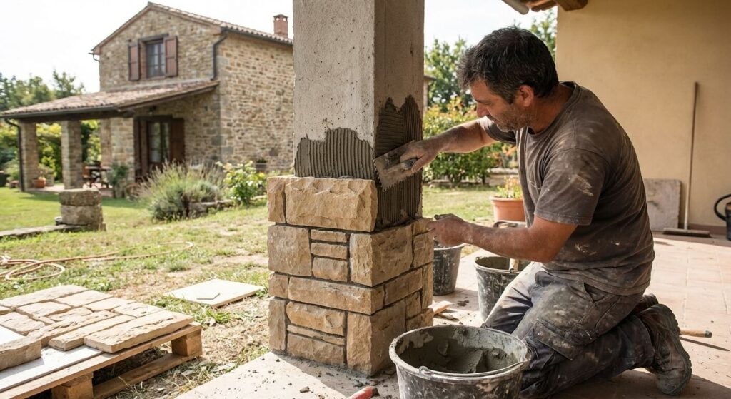 Artisan appliquant du mortier-colle pour poser des plaquettes de parement en pierre sur un pilier