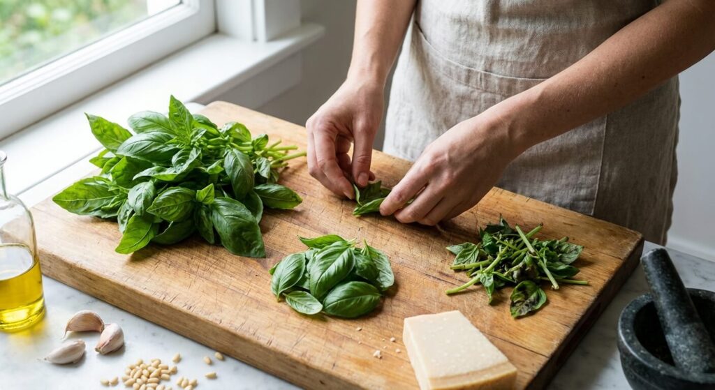 Tri minutieux de feuilles de basilic frais sur une planche à découper pour la préparation d'un pesto maison