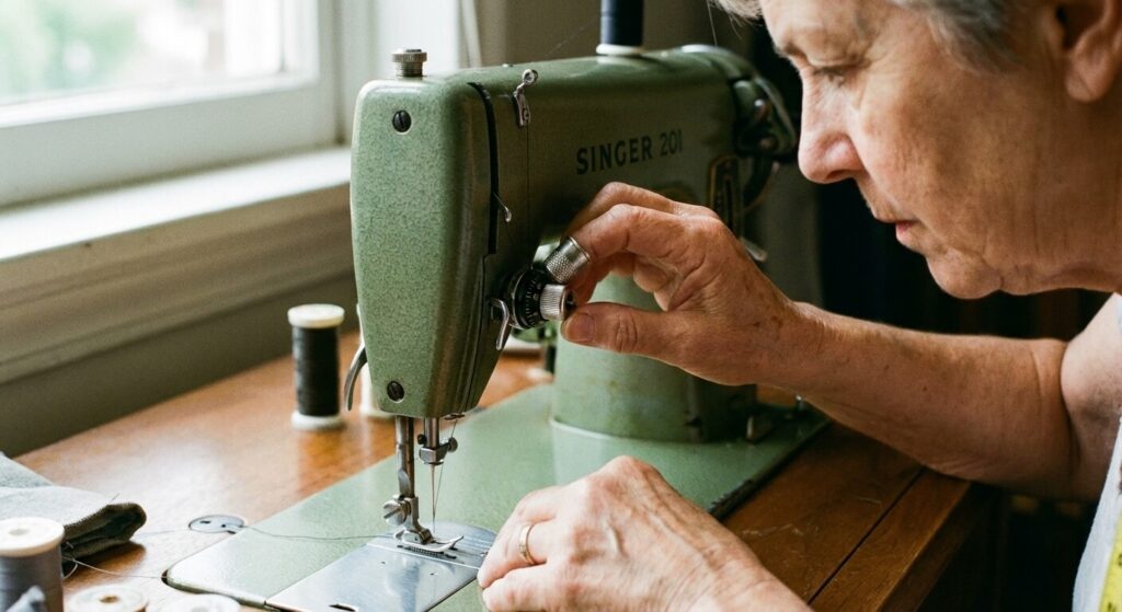 Couturière ajustant la molette de largeur de point pour recentrer l'aiguille sur une machine mécanique