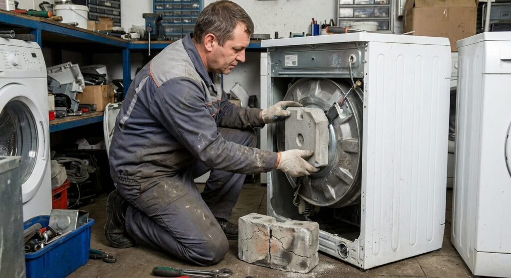 Contrepoids de machine à laver cassé : Causes, risques et réparation 3 Technicien en électroménager remplaçant le contrepoids en béton sur la cuve d'un lave-linge