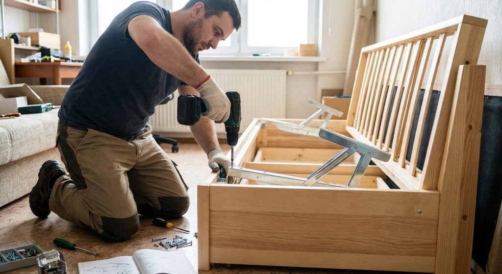 Bricoleur vissant un compas de clic-clac neuf sur le coffre en bois de la banquette lit