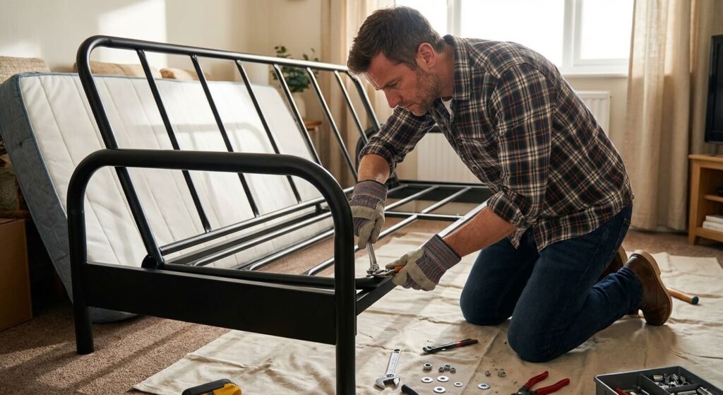 Canapé convertible qui se déboîte : Comment le réparer facilement ? 3 Bricoleur resserrant les boulons de la structure tubulaire métallique d'un canapé BZ pour le stabiliser