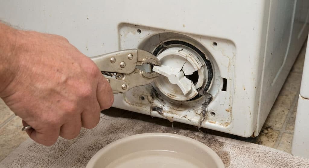 Bouchon de vidange machine à laver cassé : que faire selon la situation ? 3 Utilisation d'une pince pour dévisser avec précaution un bouchon de filtre de vidange cassé sur un lave-linge.