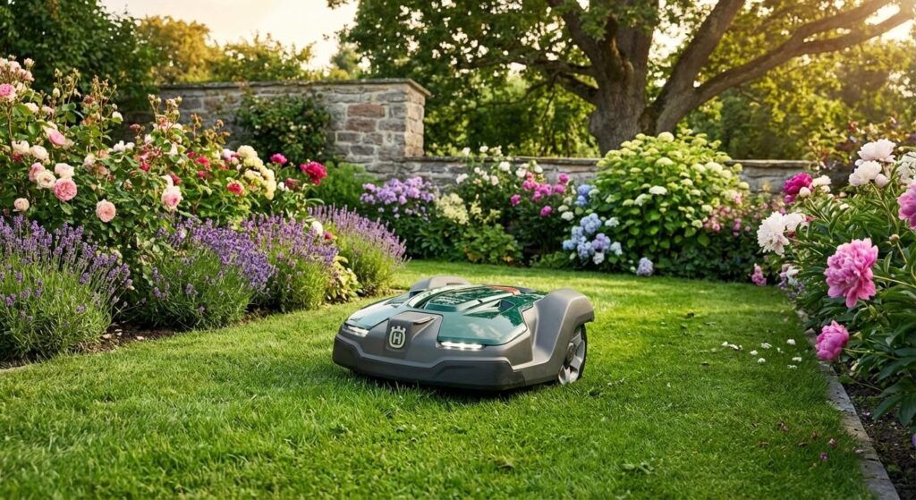 Robot tondeuse autonome en action sur une pelouse parfaitement entretenue avec des massifs de fleurs