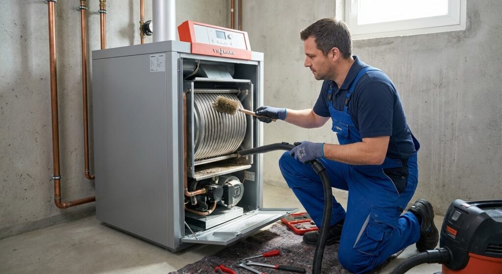 Chauffagiste nettoyant l'échangeur thermique Inox-Radial d'une chaudière à condensation Viessmann