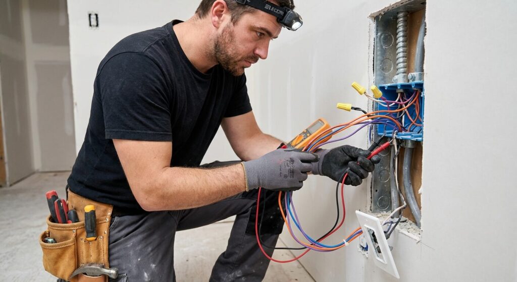 Électricien vérifiant le câblage et la couleur des fils navettes à l'arrière d'un interrupteur mural