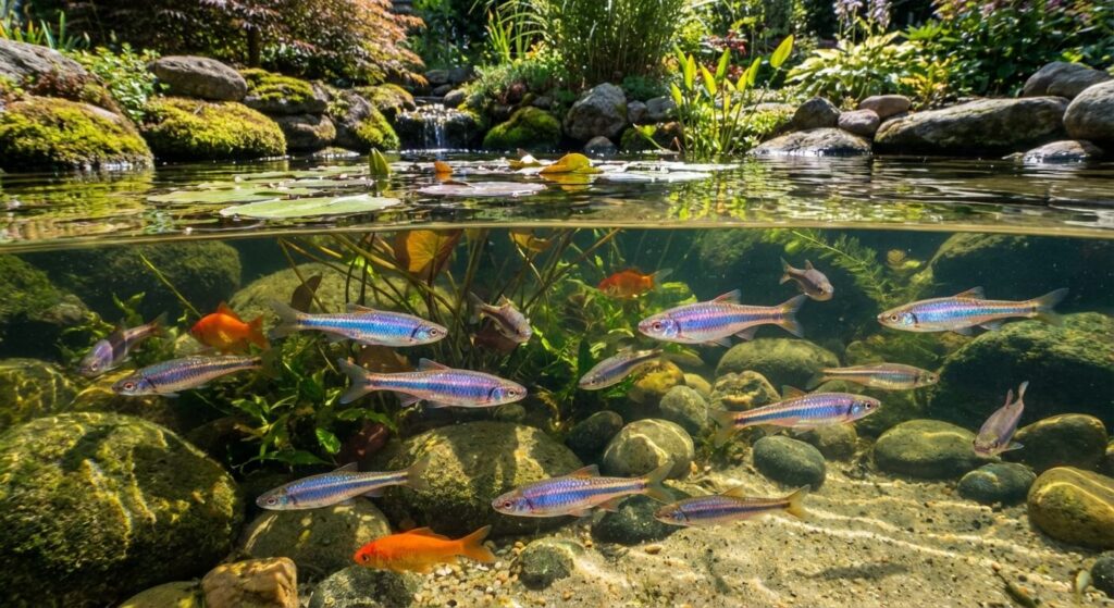 Un banc coloré de Notropis chrosomus (Rainbow Shiner) nageant dans un bassin de jardin