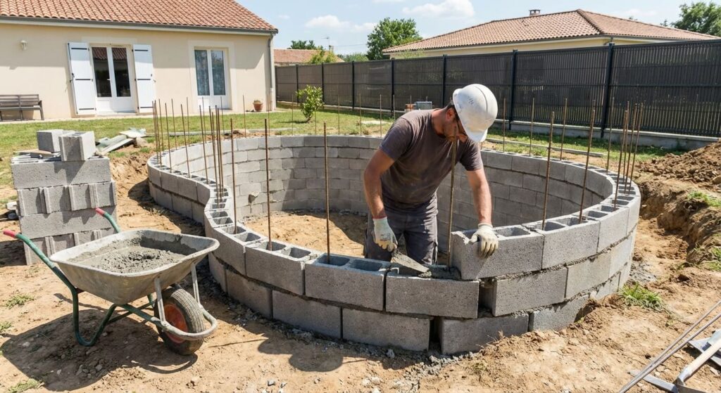 Fabriquer un bassin hors sol en parpaing : Le guide étape par étape 2 Montage des murs d'un bassin de jardin avec des parpaings à bancher et des fers à béton