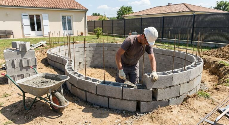 Accueil 1 Montage des murs d'un bassin de jardin avec des parpaings à bancher et des fers à béton
