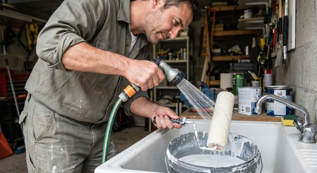 Bricoleur nettoyant soigneusement son rouleau de peinture sous l'eau claire pour le réutiliser