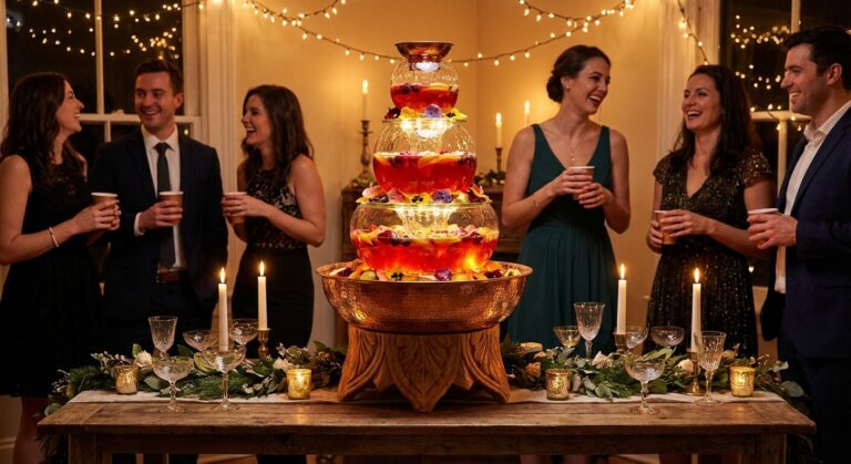 Superbe fontaine à punch artisanale illuminée trônant au centre d'une table lors d'une soirée festive