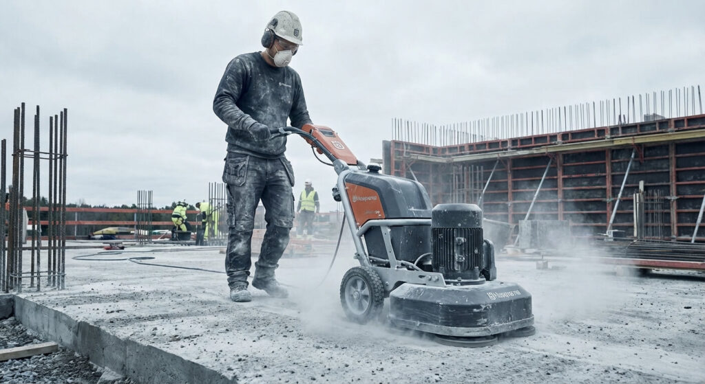 Artisan du bâtiment utilisant une surfaceuse professionnelle pour aplanir une dalle en béton brut