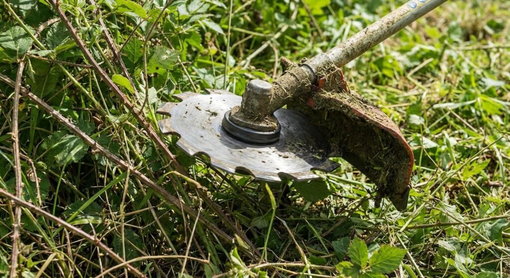 Débroussaillage : les clés pour maîtriser les terrains les plus sauvages 2 Une lame de débroussailleuse en acier montée sur la tête de coupe pour trancher des ronces et de la végétation dense.