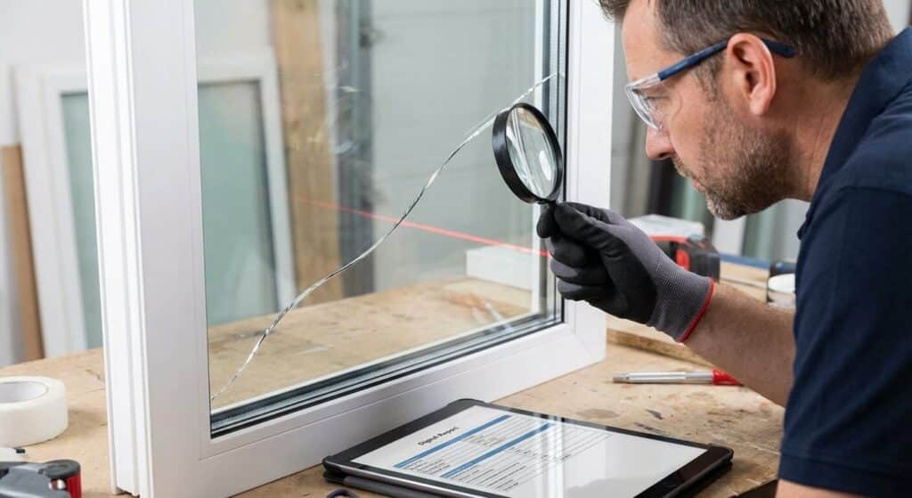 Analyse d'une fissure sur un double vitrage montrant les limites de la réparation maison avant l'intervention d'un pro.