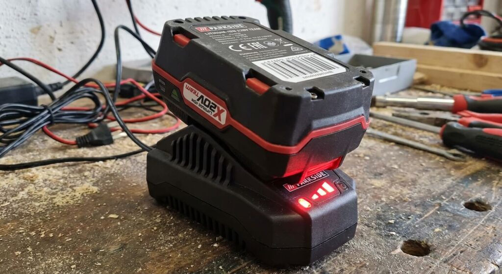 Batterie Parkside X20V Team branchée sur son chargeur affichant un clignotement rouge d'erreur