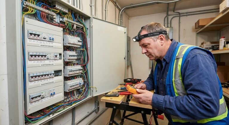 Électricien observant l'agencement et le câblage de plusieurs disjoncteurs modulaires dans un tableau électrique