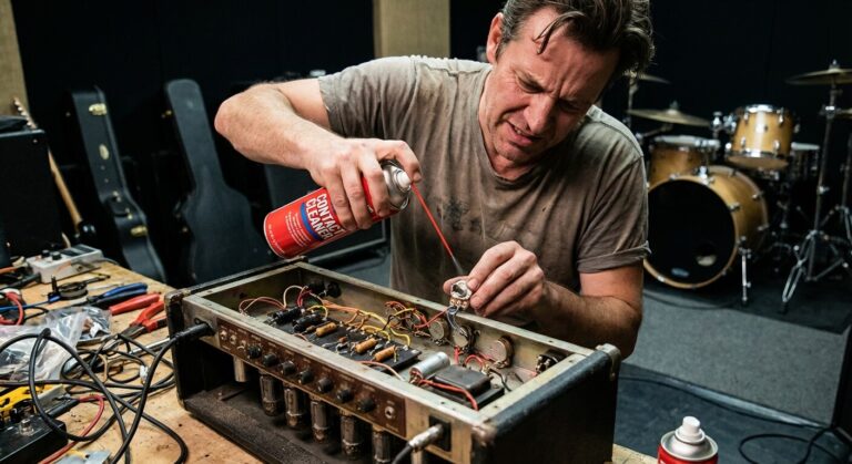 Musicien pulvérisant du spray nettoyant contact à l'intérieur du potentiomètre d'un amplificateur audio