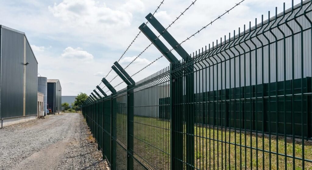 Comment fabriquer un bavolet pour sécuriser efficacement sa clôture ? 2 Bavolet incliné installé sur une clôture en grillage rigide pour renforcer la sécurité