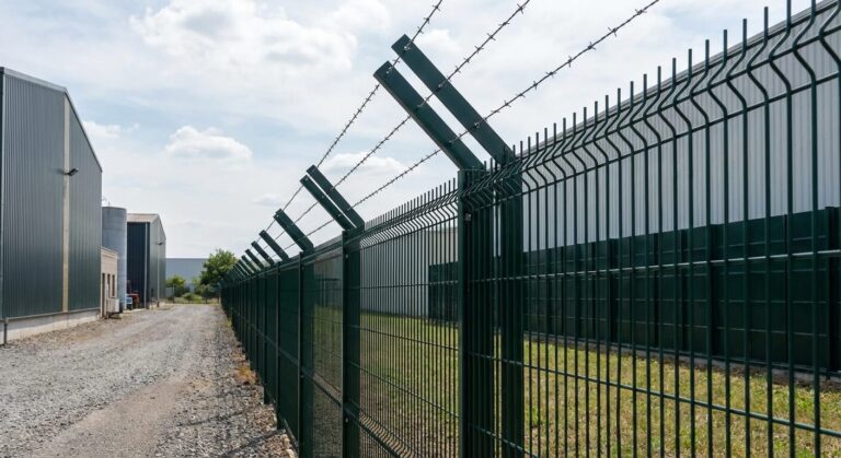 Bavolet incliné installé sur une clôture en grillage rigide pour renforcer la sécurité