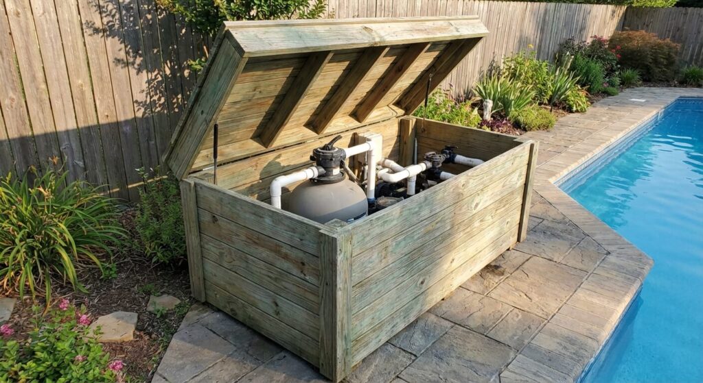 Comment fabriquer un coffre pour pompe piscine sur mesure et silencieux ? 2 Coffre de filtration en bois autoclave abritant la machinerie d'une piscine