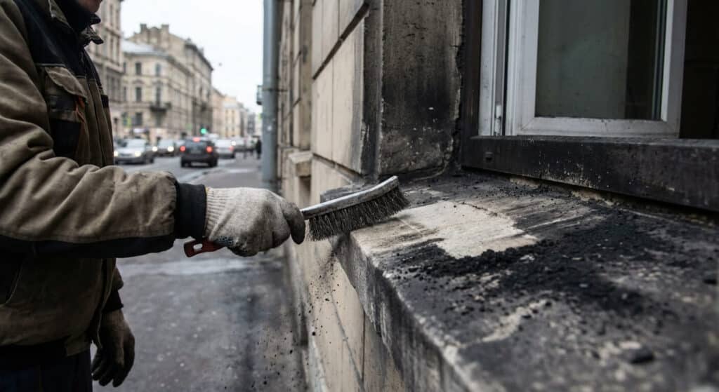 Action de brossage manuel d'un appui de fenêtre extérieur noirci par la pollution urbaine