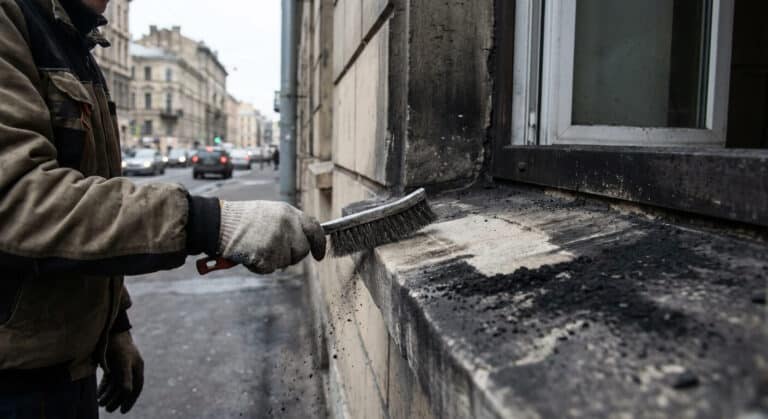 Action de brossage manuel d'un appui de fenêtre extérieur noirci par la pollution urbaine