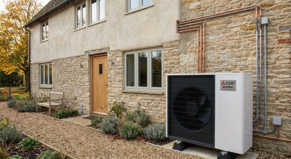 Unité extérieure d'une pompe à chaleur air-eau installée contre le mur de façade d'une maison rénovée.