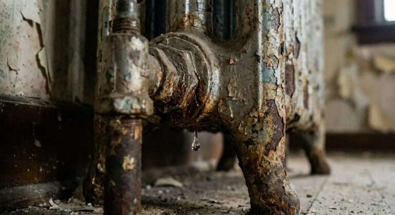 Goutte d'eau suintant d'une micro-fissure sur un ancien radiateur en fonte
