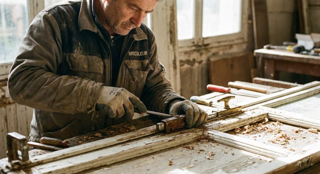 Bricoleur dévissant le boîtier d'une ancienne crémone en applique sur une fenêtre en bois