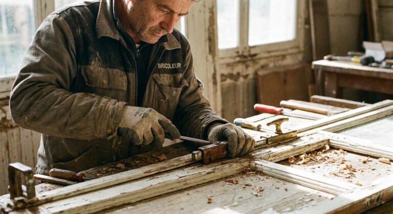 Bricoleur dévissant le boîtier d'une ancienne crémone en applique sur une fenêtre en bois