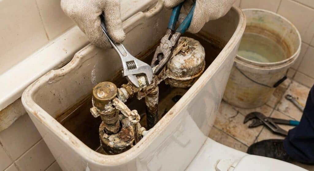 Démontage d'un robinet flotteur de chasse d'eau fortement entartré pour augmenter le débit