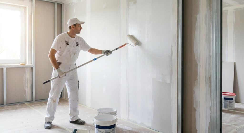 Peintre appliquant une peinture d'impression sur un mur neuf en plaques de plâtre