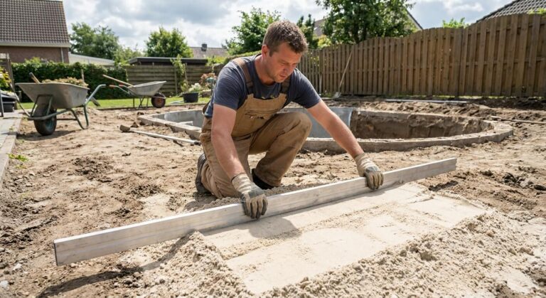 Jardinier tirant du sable avec une grande règle en aluminium pour niveler le sol avant de poser une piscine