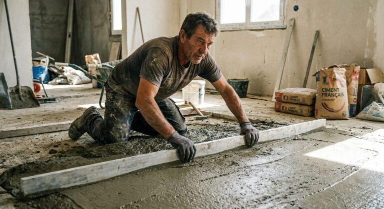 Maçon expérimenté tirant un mortier de ciment épais à la règle en aluminium pour rattraper un sol
