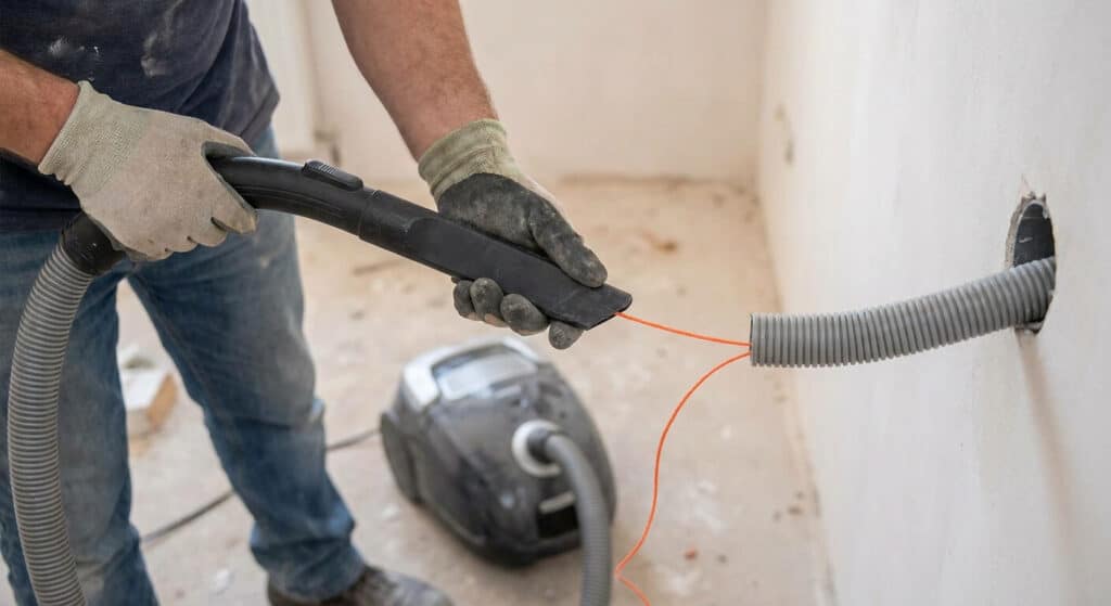 Utilisation de l'embout d'un aspirateur domestique pour aspirer un fil de nylon dans une gaine électrique