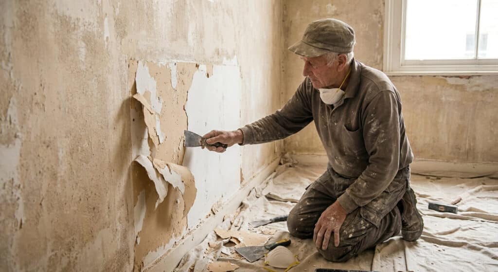 Artisan grattant une ancienne couche de finition écaillée sur une cloison en plâtre avec une spatule