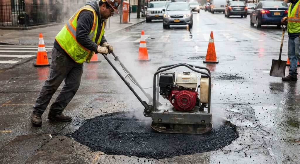 Ouvrier utilisant une lourde plaque vibrante thermique pour compacter un nid-de-poule réparé à l'asphalte