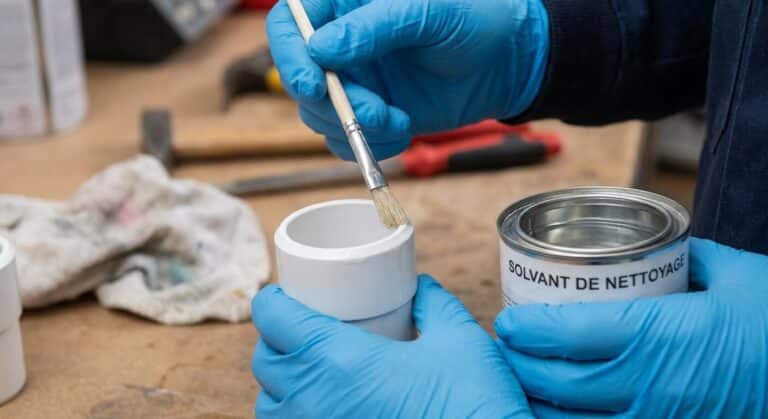 Application minutieuse d'un solvant chimique sur les bords d'un raccord en PVC pour dissoudre la colle